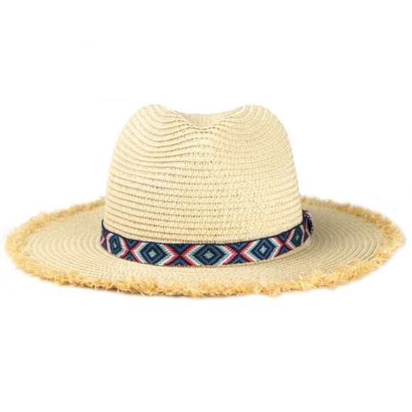 #67 FRAYED TRIM AZTEC STRAW HAT - Picture 1 of 10